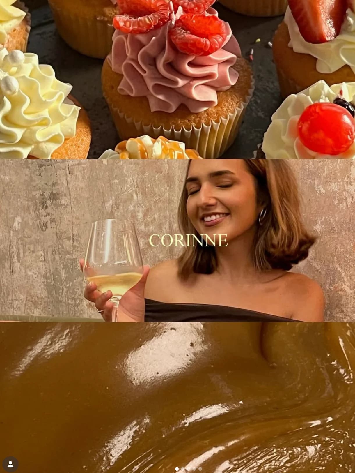 Collage of cupcakes, Corinne raising a glass, and melted chocolate