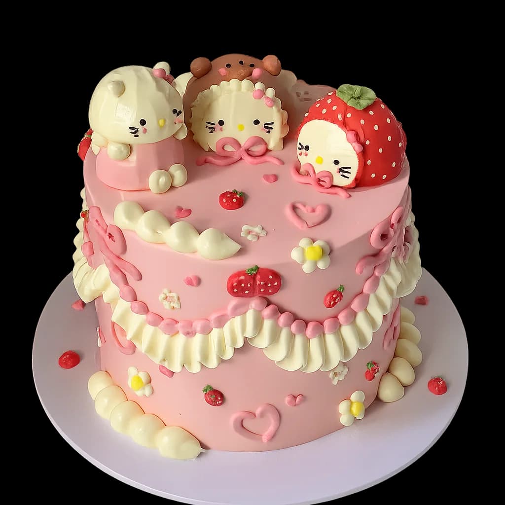 Pink bespoke celebration cake decorated with piped white frosting, strawberries, hearts and character toppers